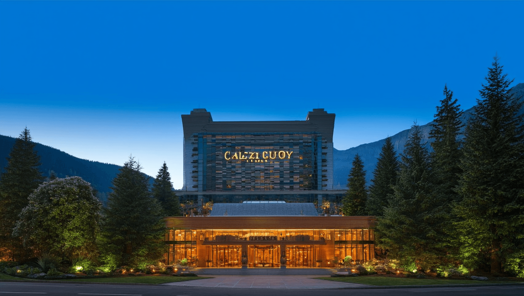 Lucky Cedarshore Resort & Casino tower and porte-cochère at blue hour against the foothills
